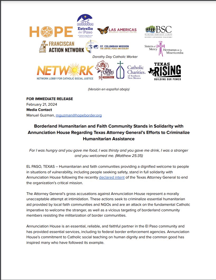 HopeBorder's tweet photo. Read our statement from faith and border communities standing in solidarity with @AHouseElPaso regarding @KenPaxtonTX efforts to criminalize humanitarian assistance.

Link to press release below:

https://t.co/Dsss3LhtaQ

#SaveAsylum #WelcomeWithDignity https://t.co/hj8gdOBhz9