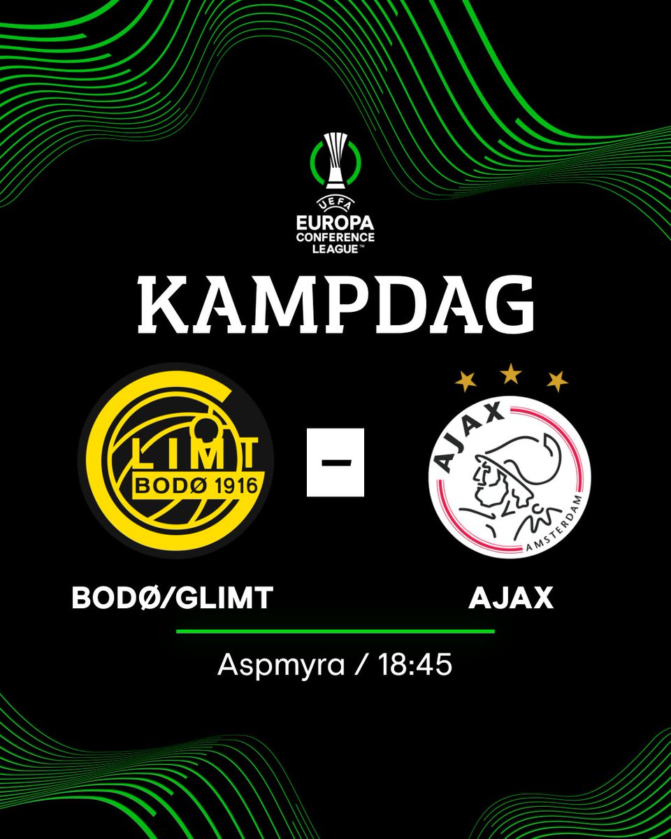 Glimt's tweet photo. 𝗞𝗔𝗠𝗣𝗗𝗔𝗚

🏆 UECL
🗓️ Sluttspill play off
🆚 Ajax
🕕 18:45
🏟️ Aspmyra
🎫 Utsolgt
📺 Vsport1 og Viaplay
📻 Radio 3 Bodø https://t.co/MfXApqD5XF