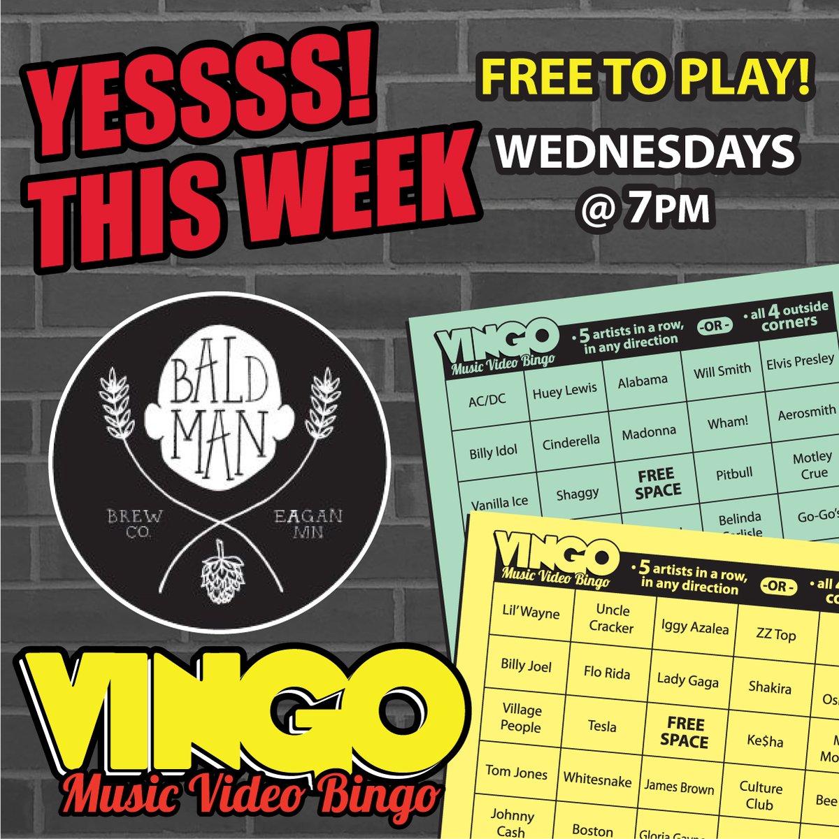 We play the clips, you watch and listen. Watch the VIDEO, listen to the music and play along. you mark off your board. If u Get 5 in a row or 4 outside corners you win a prize! 9+ prizes given out each week. -Every Wednesday @ 7pm (except for 3/6/24) -Absolutely FREE to play