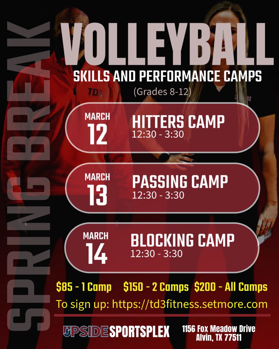Hit, Pass, Block! Join us for an action packed Spring Break Skills &amp; Performance Camp. 
—————————————————
RESERVE YOUR SPOT ONLINE‼️

CASH PAYMENTS ONLY‼️

NO ONLINE OR APP PAYMENTS‼️

ALL PAYMENTS ARE MADE THE DAY OF THE CAMP‼️