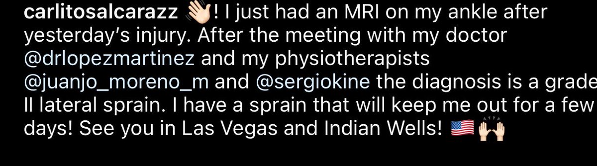 josemorgado's tweet photo. Good news from Alcaraz. 

It’s just a (lateral) sprain…

He will be good for Indian Wells. https://t.co/a3d5uChmID