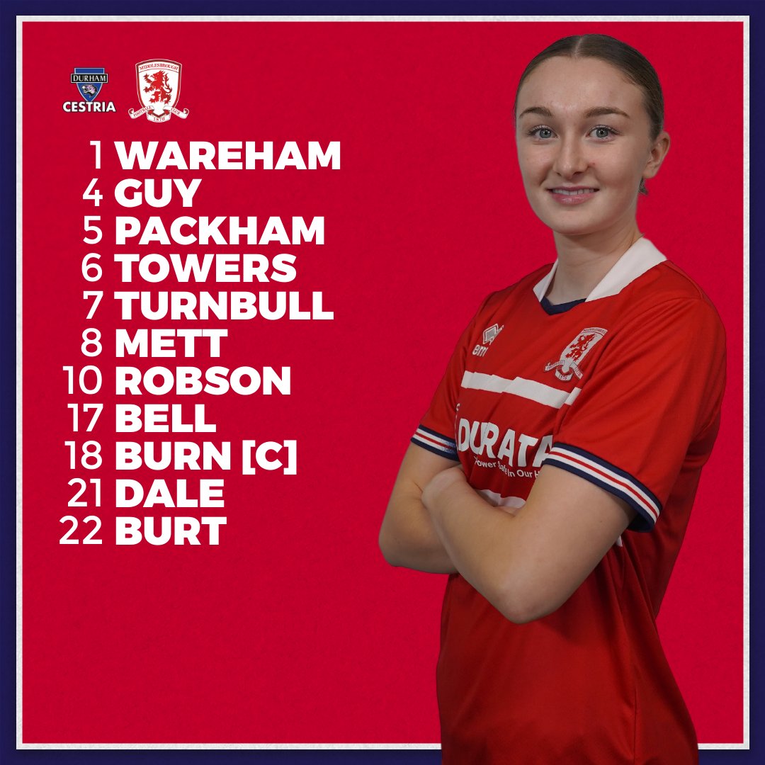 BoroWomen's tweet photo. The #Boro team to face @DurhamCestria 🔴⚪️

@FayeDale04 and @Burt8Daisy both make their first start since joining #Boro 👏 #UTB #UTBW https://t.co/stznfxEcr3