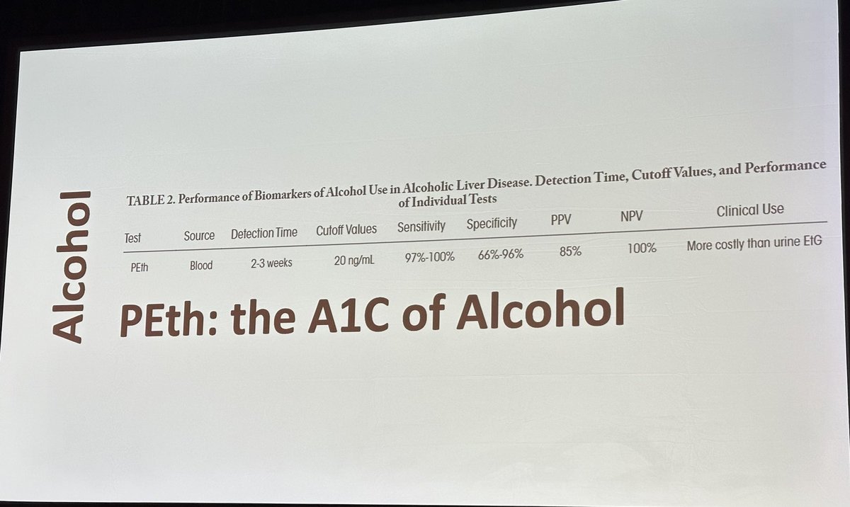 ‼️PEth is the A1C of alcohol 🔹Very specific: rare low positive can occur in patients who have received blood transfusion from someone actively 🍻 🔹Level of 48 or ⬆️ is associated with ⬆️ drinking 🔹Tell your patient you are ordering it @GuildConference @ebtapper @DrLoomba