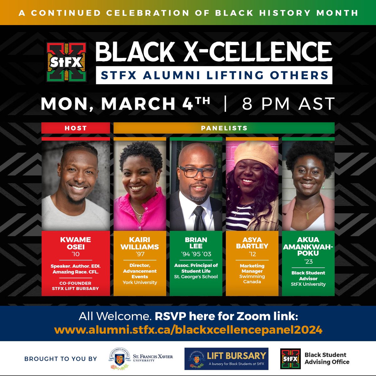 StFXAthletics's tweet photo. The @StFXAlumni Black X-Cellence Panel is back with a fantastic group of panelists &amp; hosted again by X-Men Football alumnus Kwame Osei! 

RSVP for the March 4th virtual conversation at https://t.co/O211koZMN9 https://t.co/0OrOb4qsr9
