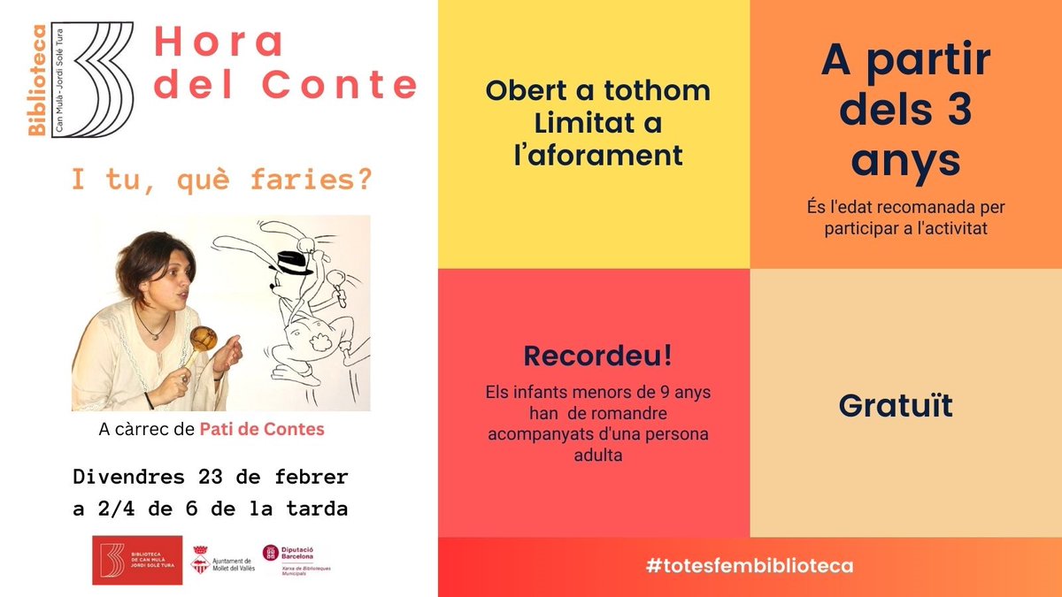 bibcanmulaJST's tweet photo. Divendres què toca? Conte amb @patidecontes 🥳! #totesfembiblioteca https://t.co/cjJtRB6AaV