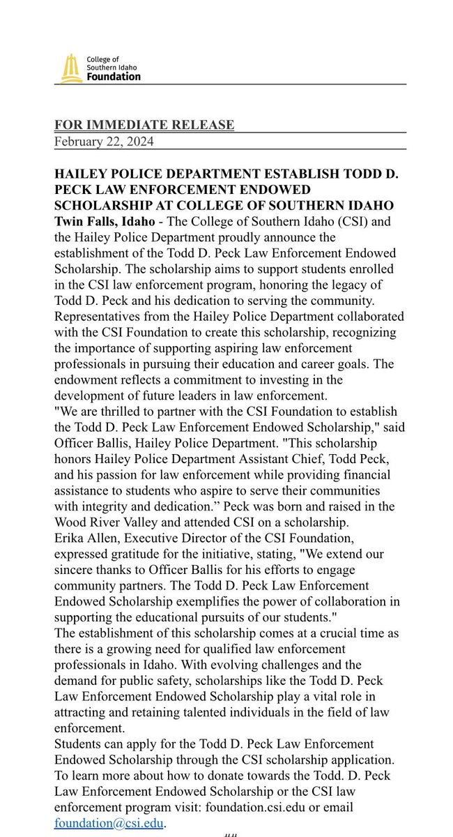 I learned there were no scholarships for Ss in our community seeking a career in law enforcement. So I partnered w/ <a href="/CSIEagles/">CSI</a> to change that. 

We raised $10k in less than 3 months to create the Todd D. Peck LE Endowed Scholarship.

<a href="/NASRO_Info/">NASRO</a> <a href="/idahoednews/">Idaho Education News</a> <a href="/IdDeptOfEd/">Idaho Department of Education</a> <a href="/IdSBOE/">Idaho State Board of Education</a>