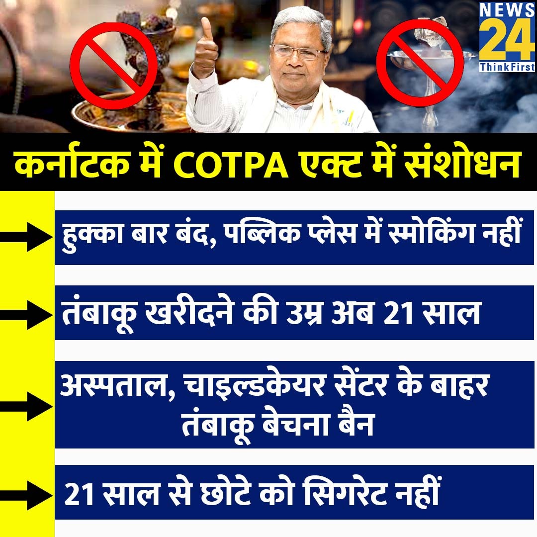 news24tvchannel's tweet photo. कर्नाटक में COTPA एक्ट में संशोधन, जानिये महत्वपूर्ण बातें  

#COTPA #SmokingRules #KarnatakaNews