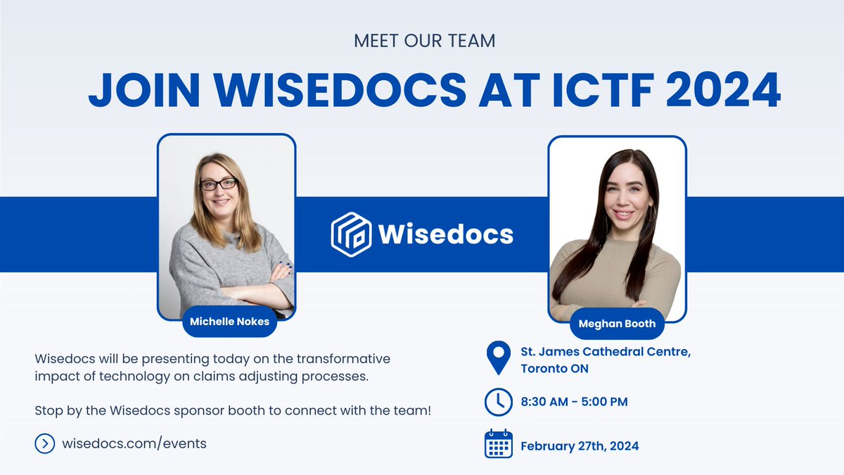 Wisedocsai's tweet photo. Wisedocs is excited to be at #ICTF2024 today! Our team is speaking at the #Event and we can't wait to share the impact of #Technology on #ClaimsAdjusting . Join us for our presentation this morning and swing by our sponsor booth to meet the team. See you there! 👋 @InsCanada https://t.co/8K1uMnvRmi