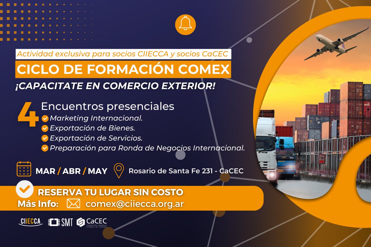 📢¡Comienza el ciclo de formación en Comercio Exterior!🌎📊
En colaboración con <a href="/CaCECba/">CaCEC</a>, nos unimos para ofrecer un programa de capacitación en comercio exterior.
🗓️Fechas: Marzo, Abril y Mayo
👥Modalidad: Presencial
▶️No arancelada.
¡Reserva tu lugar! qrcd.org/4Un7