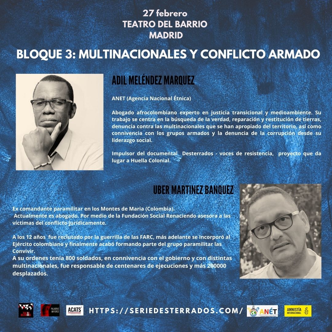 Desterrados (@desterradosdocu) on Twitter photo 👤 GRUPOS ARMADOS Y MULTINACIONALES: ¿QUE PASO CON EL HOMBRE DE ATRAS?
👨🏿💼 <a href="/adilmarquez1/">Adil José Melendez Márquez</a> Abogado afrocolombiano experto en DDHH
👥️Uber Martínez Banquez alias Juancho Dique: Ex comandante paramilitar.
🗓 27 de febrero 2024
📍<a href="/teatrodelbarrio/">JULIO ANTON</a>
Madrid
n9.cl/atx21 👤 GRUPOS ARMADOS Y MULTINACIONALES: ¿QUE PASO CON EL HOMBRE DE ATRAS?
👨🏿💼 <a href="/adilmarquez1/">Adil José Melendez Márquez</a> Abogado afrocolombiano experto en DDHH
👥️Uber Martínez Banquez alias Juancho Dique: Ex comandante paramilitar.
🗓 27 de febrero 2024
📍<a href="/teatrodelbarrio/">JULIO ANTON</a>
Madrid
n9.cl/atx21