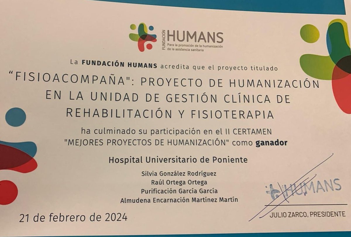 Hospital Universitario Poniente (@huniv_poniente) on Twitter photo El proyecto 'Fisioacompaña' del Área de Rehabilitación y Fisioterapia del #HUnivPoniente ha sido galardonado 🏅en los Premios de la <a href="/HumansFundacion/">Fundación Humans</a>
ENHORABUENA!!!
#SomosPoniente
<a href="/saludand/">Consejería de Salud y Consumo</a> <a href="/AlmeriaJunta/">AlmeríaJunta</a> <a href="/peacro/">PEDRO ACOSTA</a> <a href="/CheloArtero/">Chelo Artero</a> <a href="/maiesmo/">Maite Estévez</a> <a href="/juanbelmena/">Juan de la Cruz Belmonte Mena</a> El proyecto 'Fisioacompaña' del Área de Rehabilitación y Fisioterapia del #HUnivPoniente ha sido galardonado 🏅en los Premios de la <a href="/HumansFundacion/">Fundación Humans</a>
ENHORABUENA!!!
#SomosPoniente
<a href="/saludand/">Consejería de Salud y Consumo</a> <a href="/AlmeriaJunta/">AlmeríaJunta</a> <a href="/peacro/">PEDRO ACOSTA</a> <a href="/CheloArtero/">Chelo Artero</a> <a href="/maiesmo/">Maite Estévez</a> <a href="/juanbelmena/">Juan de la Cruz Belmonte Mena</a>