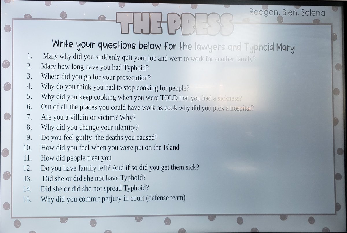rmslibraryjcps's tweet photo. Ms. Dacus and her team put Typhoid Mary on trial today. Loved the glimpse into her students' thinking. I will tell you the DEFENSE was ready and even Mary herself ended up a little speechless. @dacusjessica @RamseyMS_JCPS https://t.co/puQmulTFZH