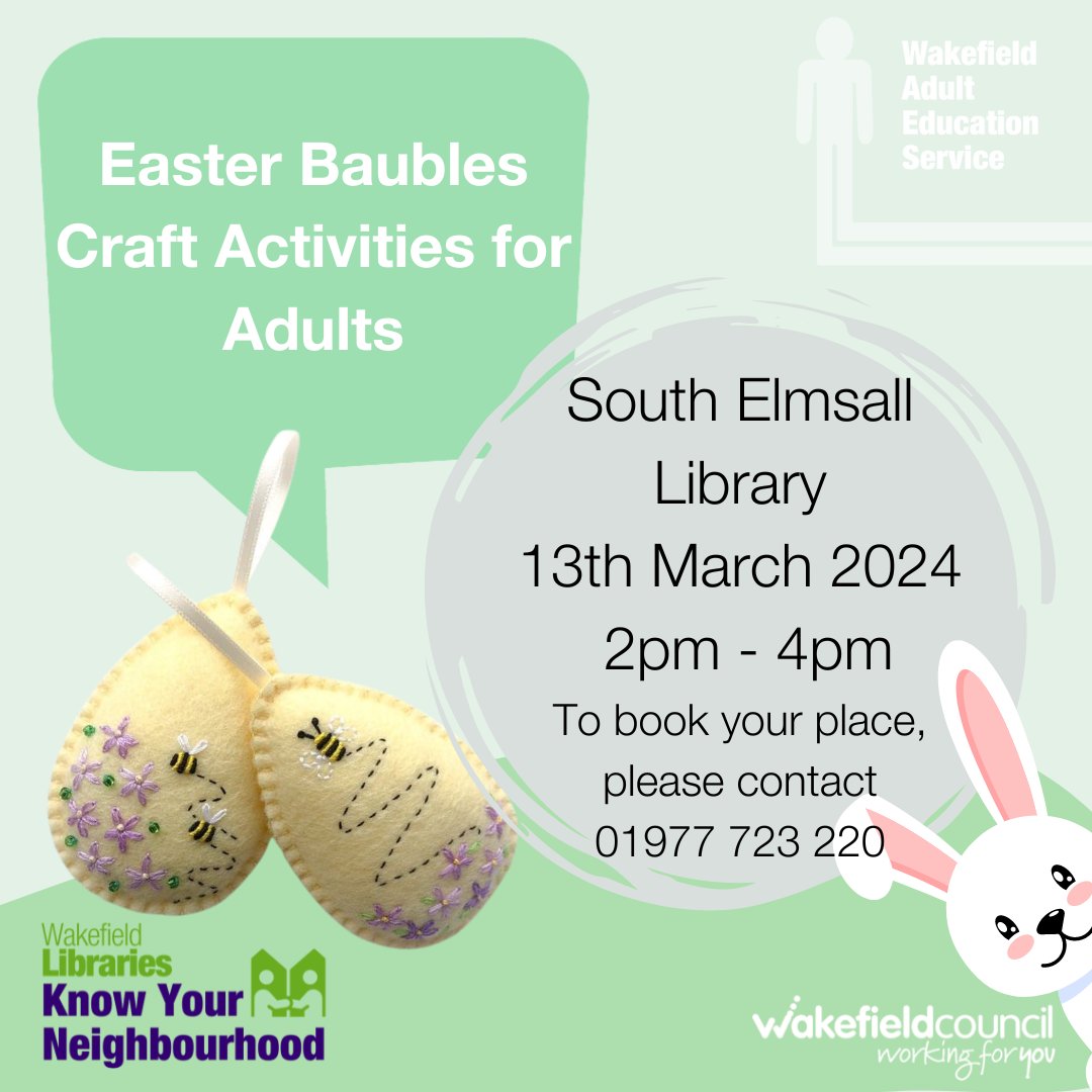 WFlibraries's tweet photo. 🐰🖌️Join us at #SouthElmsallLibrary for Easter bauble crafts!
For adults only
📅Wed 13 Mar⏰2-4pm 📍South Elmsall Library, WF9 2BP
Booking required, call 01977 723 220
#SouthElmsall #Easter #Thingstodo #KnowYourNeighbourhood
@WFmuseum @mywakefield https://t.co/DZRukbSDa9