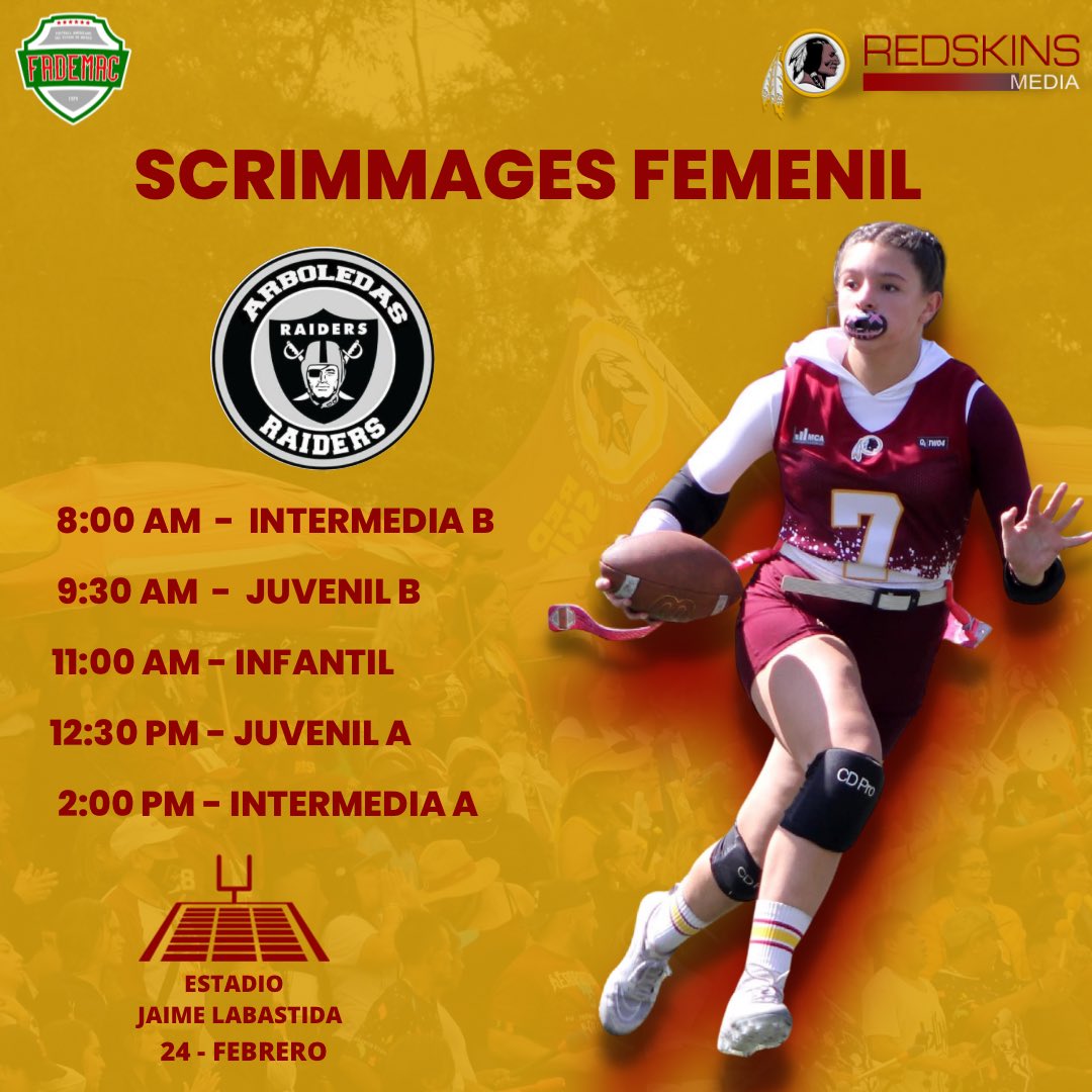 📋 SCRIMMAGES FEMENIL 🙆🏻‍♀️

Este día Sábado apoya a nuestras categorías femeniles en sus duelos de pretemporada que se jugarán en casa desde las 8:00 AM ante el equipo de ☠️ Raiders 

‼️ NO FALTES, TE ESPERAMOS… ‼️