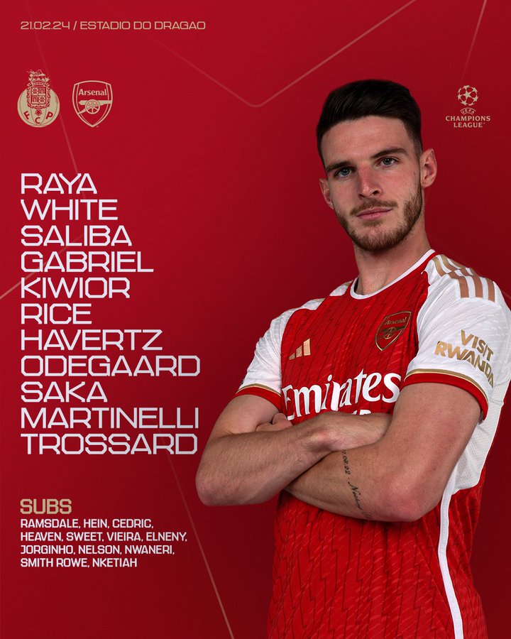 Starting XI: Raya, White, Saliba, Gabriel, Kiwior, Rice, Havertz, Odegaard, Saka, Martinelli, TrossardSubstitutes: Ramsdale, Hein, Cedric, Heaven, Sweet, Vieira, Elneny, Jorginho, Nelson, Nwaneri, Smith Rowe, Nketiah