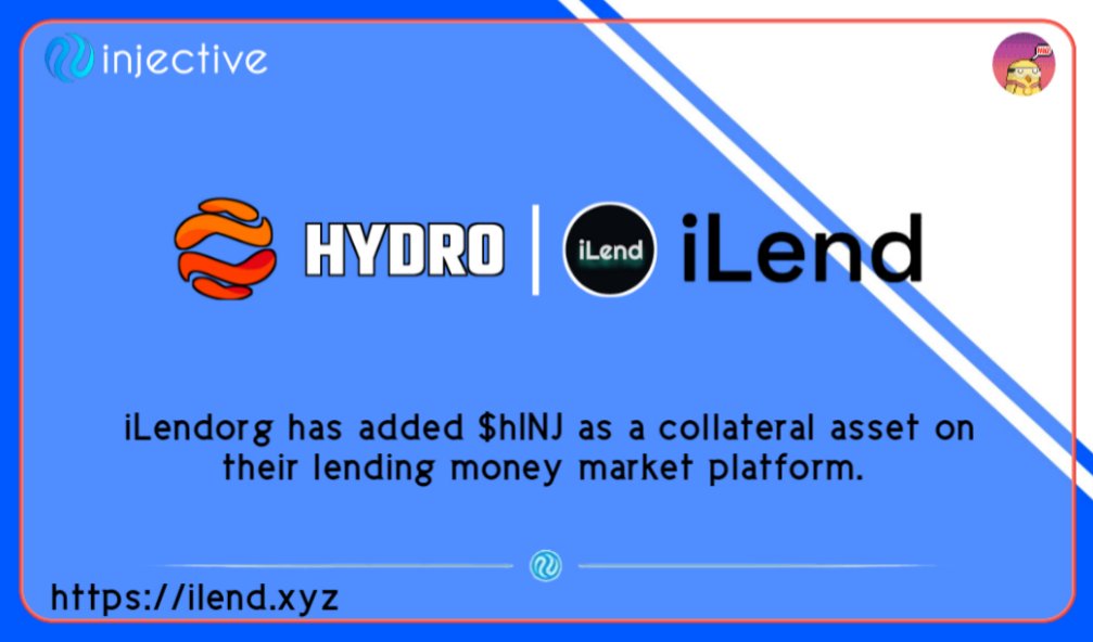 qwen_erstian's tweet image. iLend has add $hINJ as a collateral asset on their lending money market platform. 

@iLendorg x @hydro_fi

$hINJ will be the primary staked asset and will be used in all DeFi projects within the @Injective_ Ecosystem.
#lsdfi #INJ #Injective #hydro
