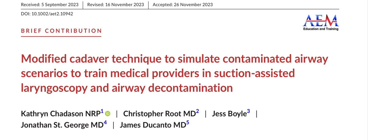 ChrisRootMD's tweet photo. Hot off the press from Chadason et al. &amp; @ProtectedAirway 

Techniques for simulating airway contamination during cadaveric airway training.

Kudos to the first author paramedic Chadason! @le_chadd 

https://t.co/MY6cCIS4bM https://t.co/UFpmeoCH0h