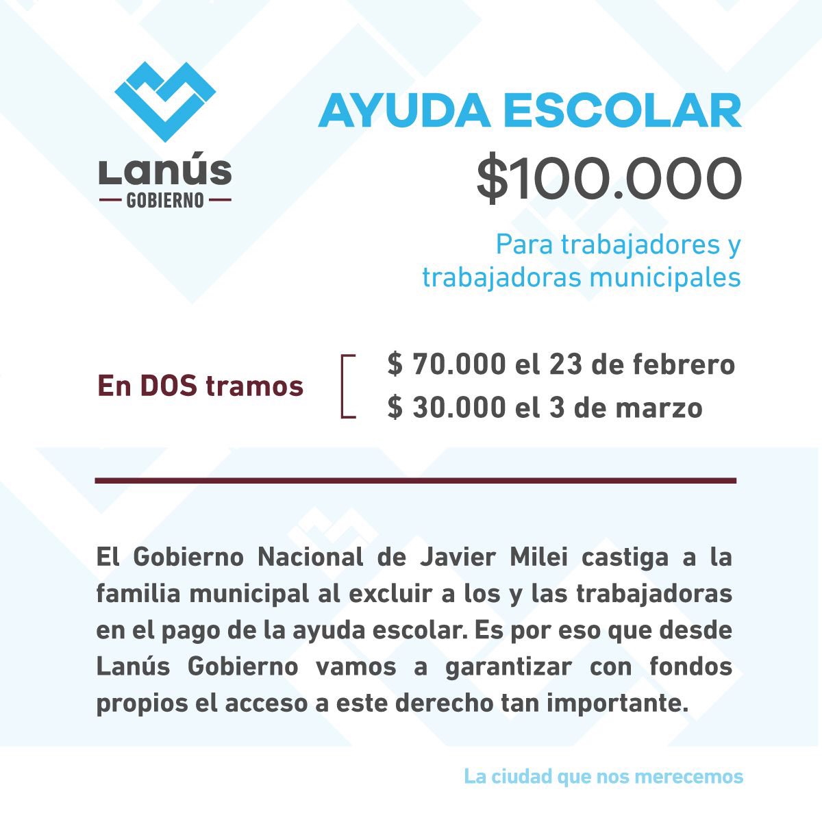 aJulianAlvarez's tweet photo. El Gobierno Nacional de Javier Milei castiga a la familia municipal al excluir a los y las trabajadoras en el pago de la ayuda escolar por hijo/a. Es por eso que desde Lanús Gobierno vamos a garantizar con fondos propios el acceso a este derecho tan importante. https://t.co/V7UezMxU7w