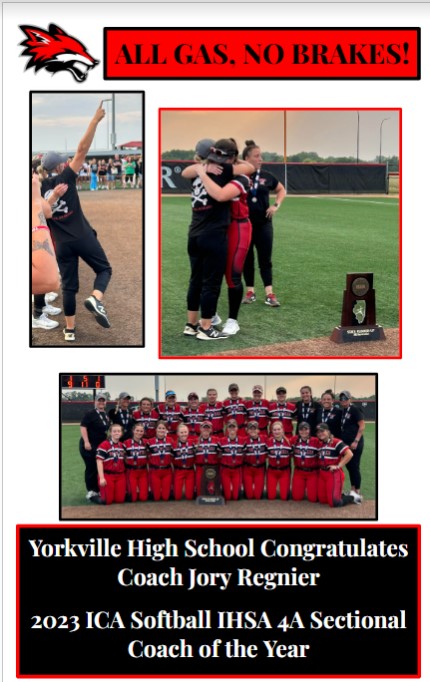 Congratulations to @_YHSsoftball Head Coach, Jory Regnier on being named IHSA Sectional Coach of the Year for Class 4A. Coach Regnier was presented the award on February 18th in Normal, IL. Regnier led the Foxes to a Class 4A Runner Up finish in 2023. Congratulations, Coach! 📷