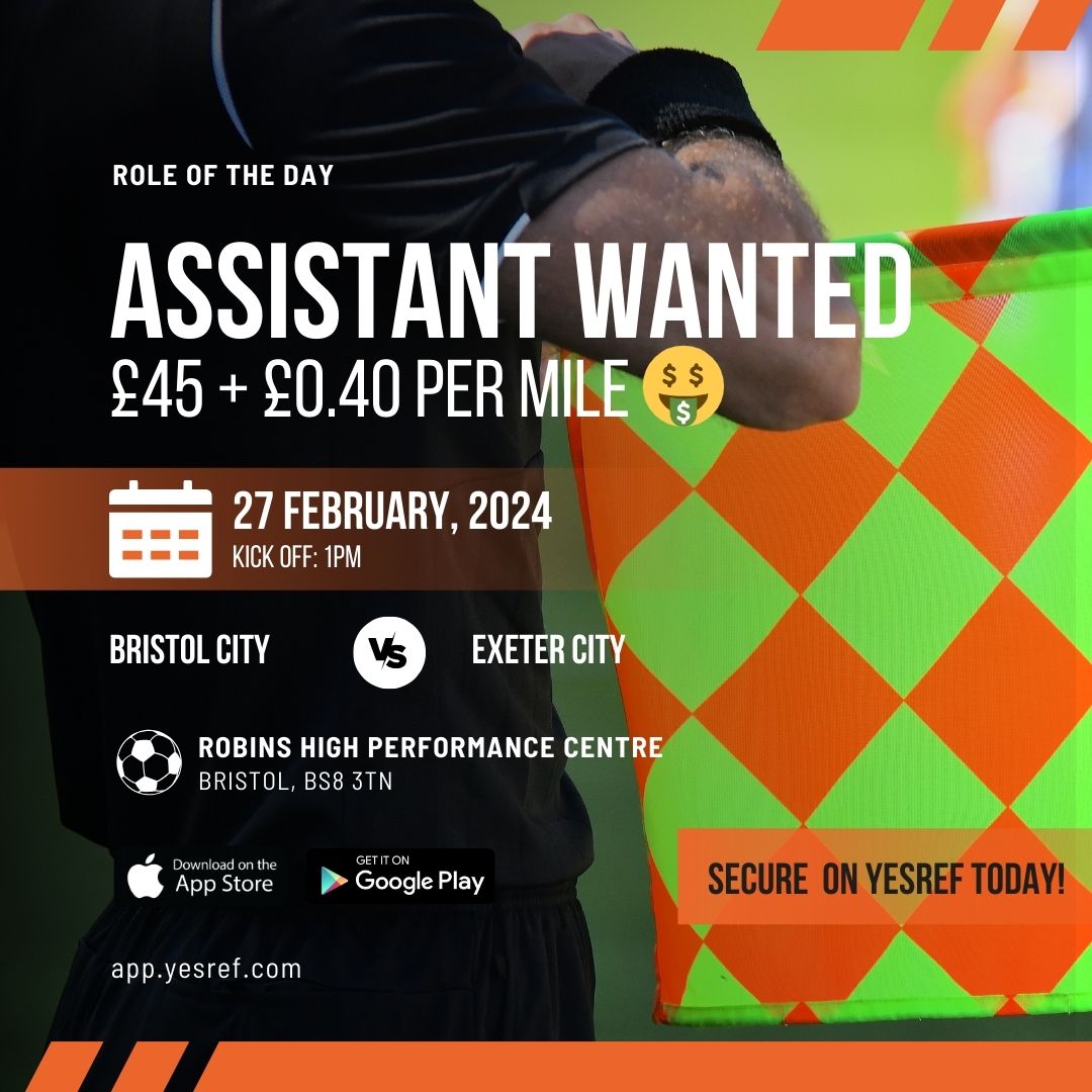 YROfficials's tweet photo. ⭐️ ROLE OF THE DAY ⭐️

We're looking for an Assistant Referee, can you help? 

🗓️ Tuesday 27 February at 1PM 
📍 Bristol, BS8 3TN
🤑 £40 + £0.40 per mile

Secure on YesRef Today: https://t.co/Dji1dJ24HF

#football #referees #yesref https://t.co/NwBPBeayuz