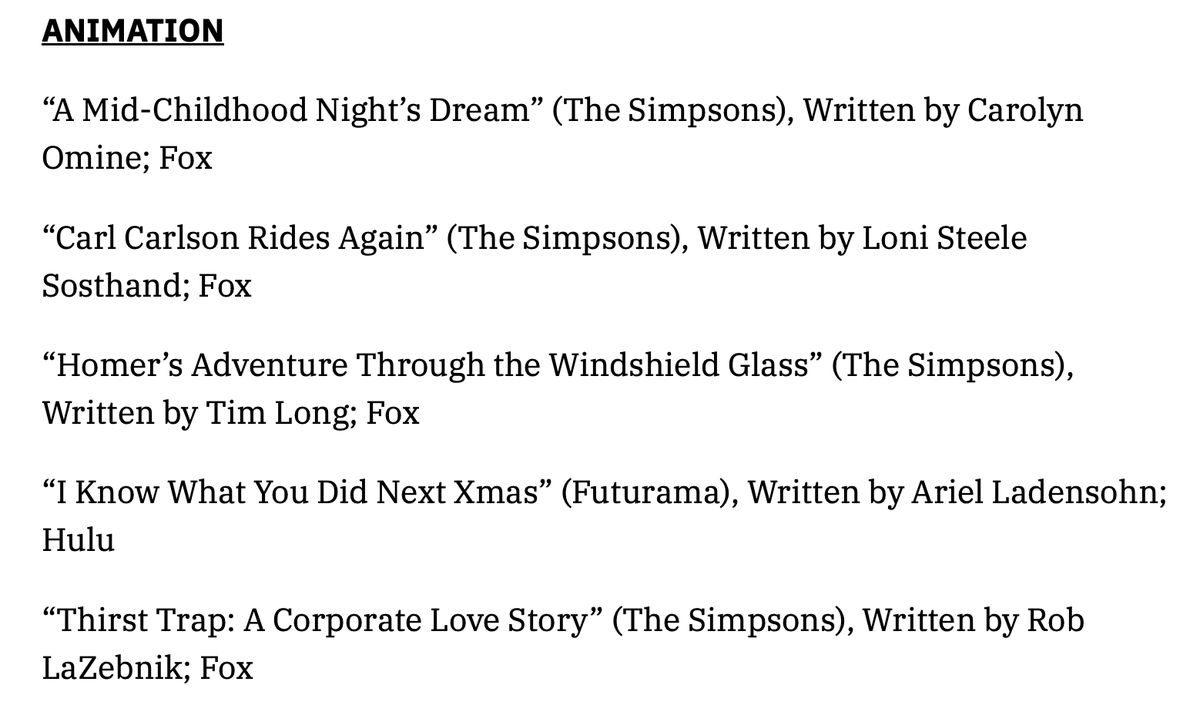 Congratulations to all @TheSimpsons & @futurama_hulu writers nominated for @WGAWest awards! These wonderful people all deserve this crazy award that looks kind of like a pen and an bird and a book were mushed together and somehow that means writing.