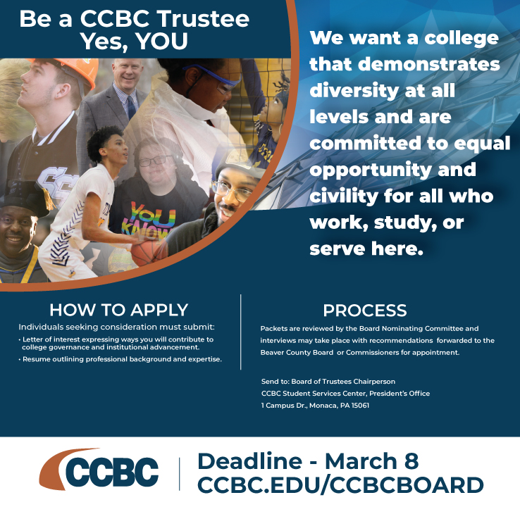 CcbcPresident's tweet image. CCBC is seeking all applicants for our Board of Trustees. Submit your letter of interest and resume for consideration. More information can be found at ccbc.edu/CCBCBoard. #ccbcedu #ccbctitans