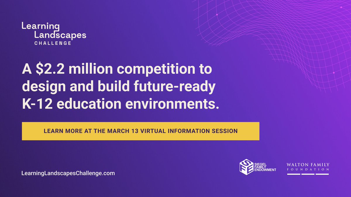 EdReimagined's tweet photo. TODAY—@SiegelEndowment and @WaltonFamilyFdn launched the $2.2 million #LearningLandscapes Challenge to design and build future-ready K–12 education environments!
Access funding, expertise, and a collaborative community to help you scale solutions:
https://t.co/Q1Sbw5opHk https://t.co/JMSPHKMwVv