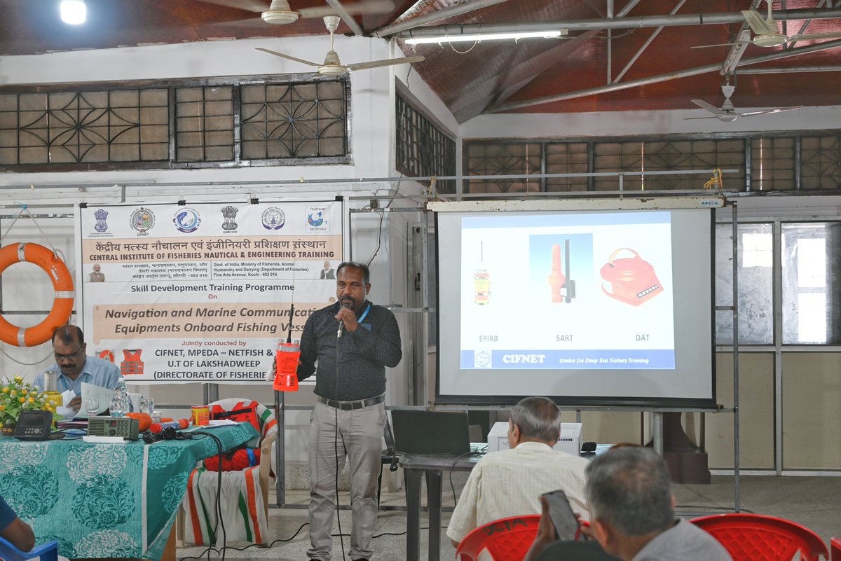CifnetH's tweet image. Ongoing #Skilldevelopementtraining programme (21/02/24) for #fishermen of #AgattiIslands, #UTL on #Navigation &amp;amp; #Marine #Communication #Equipments #Onboard #FishingVessel.
@FisheriesGoI 
@PRupala @likhi_dr @PIB_India @JSFisheries @Murugan_MoS @Fisheries_UTLA @UT_Lakshadweep