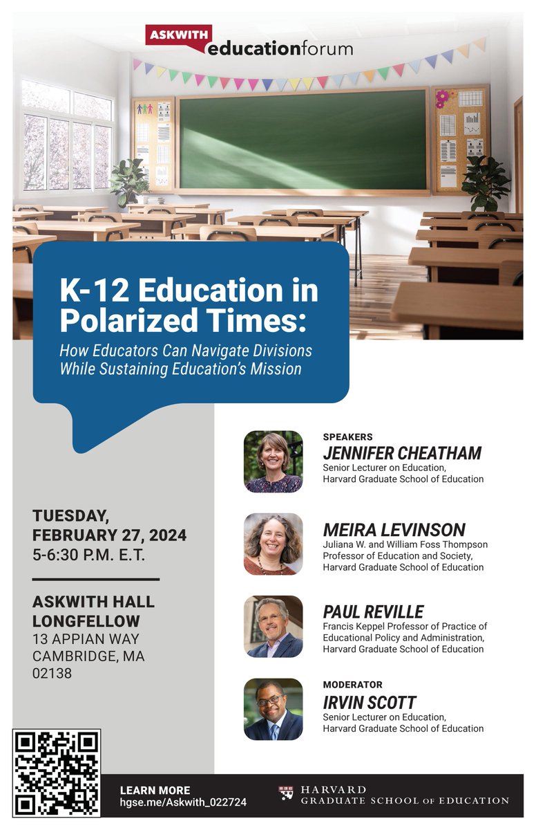 K-12 Education in Polarized Times: How Educators Can Navigate Divisions While Sustaining Education's Mission. 

Register for attendance. web.cvent.com/event/7b8a5d99…