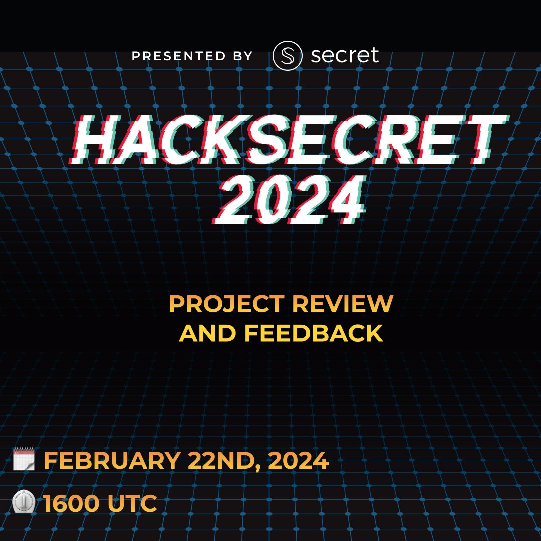 SCRT_Intern's tweet photo. ⚡️Join us on February 22nd at 1600 UTC for the #HackSecret2024 Project Review and Feedback session on the @SecretNetwork Discord. Gain valuable insights, refine your project, and prepare for a stellar submission 👇
https://t.co/nFs3ohFlk2 https://t.co/8CB0vsnDfA