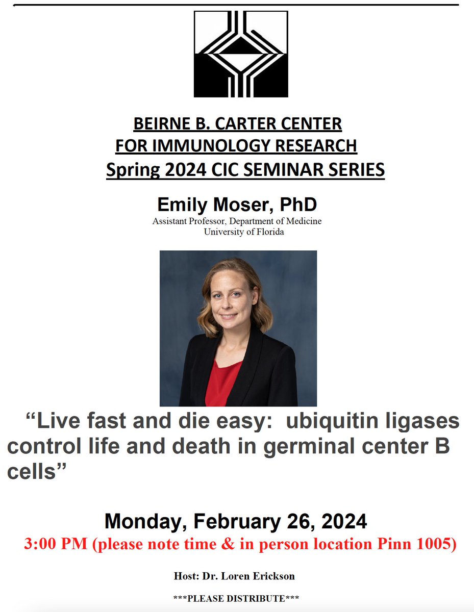 UVAimmunology (@uvaimmunology) on Twitter photo Please join us Monday, 2/26, at 3PM in PH 1005, as we welcome Dr. Emily Moser <a href="/eek_moser/">Emily Moser</a> as our CIC seminar speaker! Please join us Monday, 2/26, at 3PM in PH 1005, as we welcome Dr. Emily Moser <a href="/eek_moser/">Emily Moser</a> as our CIC seminar speaker!