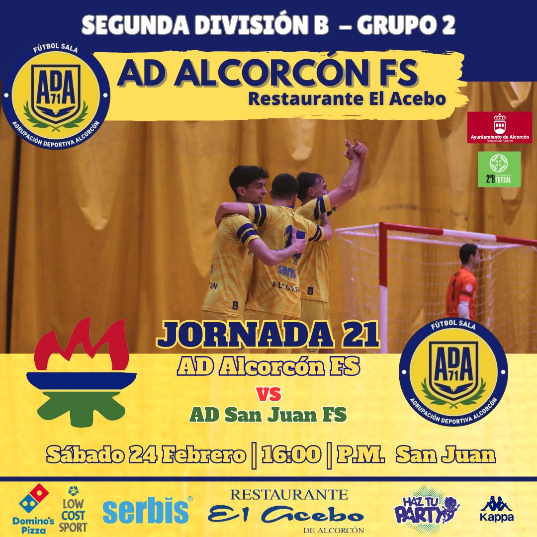 | PRIMER EQUIPO |

Tras la dura derrota de la jornada pasada, el #PrimerEquipo quieren volver a sumar 3 puntos en una salida complicada 

🆚 <a href="/ADSanJuanFS/">AD San Juan Futbol Sala</a> 
📅 Sábado 24 febrero 
⌚️ 16:00
🏟️ P.M. San Juan

#123Alcorcón 
#ConElCorazónEnLaPista💛