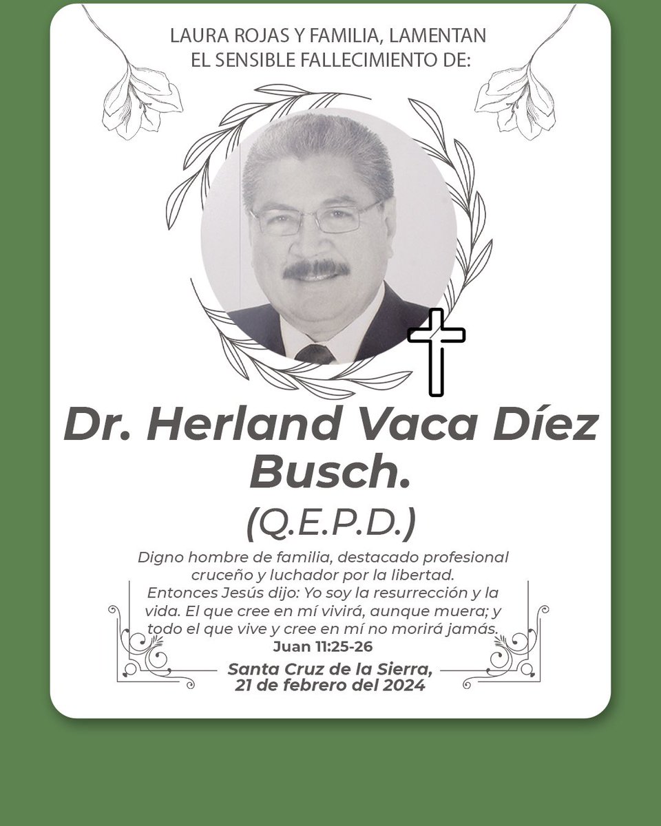 LauraRojasBO's tweet photo. ¡Hasta siempre doctor!

Con mucha tristeza hoy nos deja un gran defensor de la cruceñidad. Pido a Dios lo reciba en sus brazos y brinde consuelo a su familia. https://t.co/n5ae3rk7lF