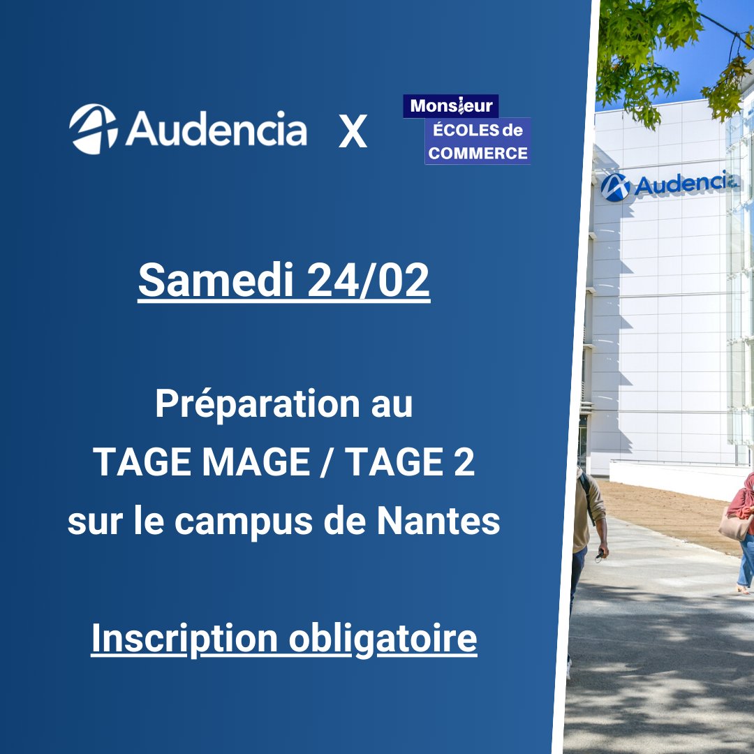 🔴 EVENT de la semaine : Préparation au TAGE MAGE / TAGE 2 sur le campus d'<a href="/audencia/">Audencia</a> à Nantes ce samedi 24/02 ! 🚀
✅ Inscription ici : bit.ly/inscription-at…
🔴 C’est LE rendez-vous incontournable pour les candidat(e)s aux concours AST de la région de Nantes ! :)