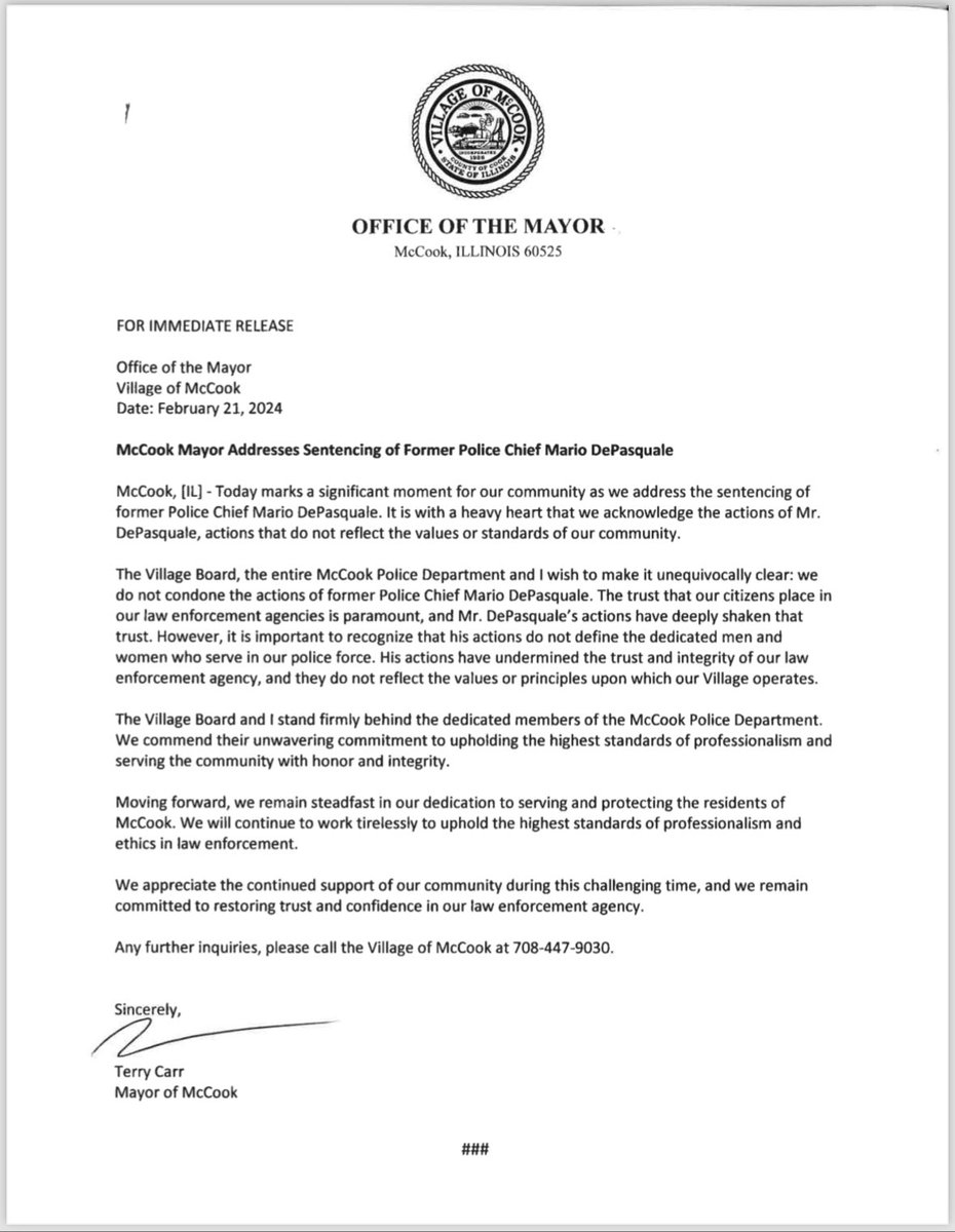On behalf of McCook Mayor Carr in regard to former McCook Police Chief sentencing today.

<a href="/fox32news/">FOX 32 News</a> <a href="/nbcchicago/">NBC Chicago</a> <a href="/cbschicago/">CBS Chicago</a> <a href="/WGNRadio/">WGN Radio 720</a> <a href="/WGNNews/">WGN TV News</a> <a href="/ABC7Chicago/">ABC 7 Chicago</a> <a href="/Suntimes/">Chicago Sun-Times</a> <a href="/chicagotribune/">Chicago Tribune</a>