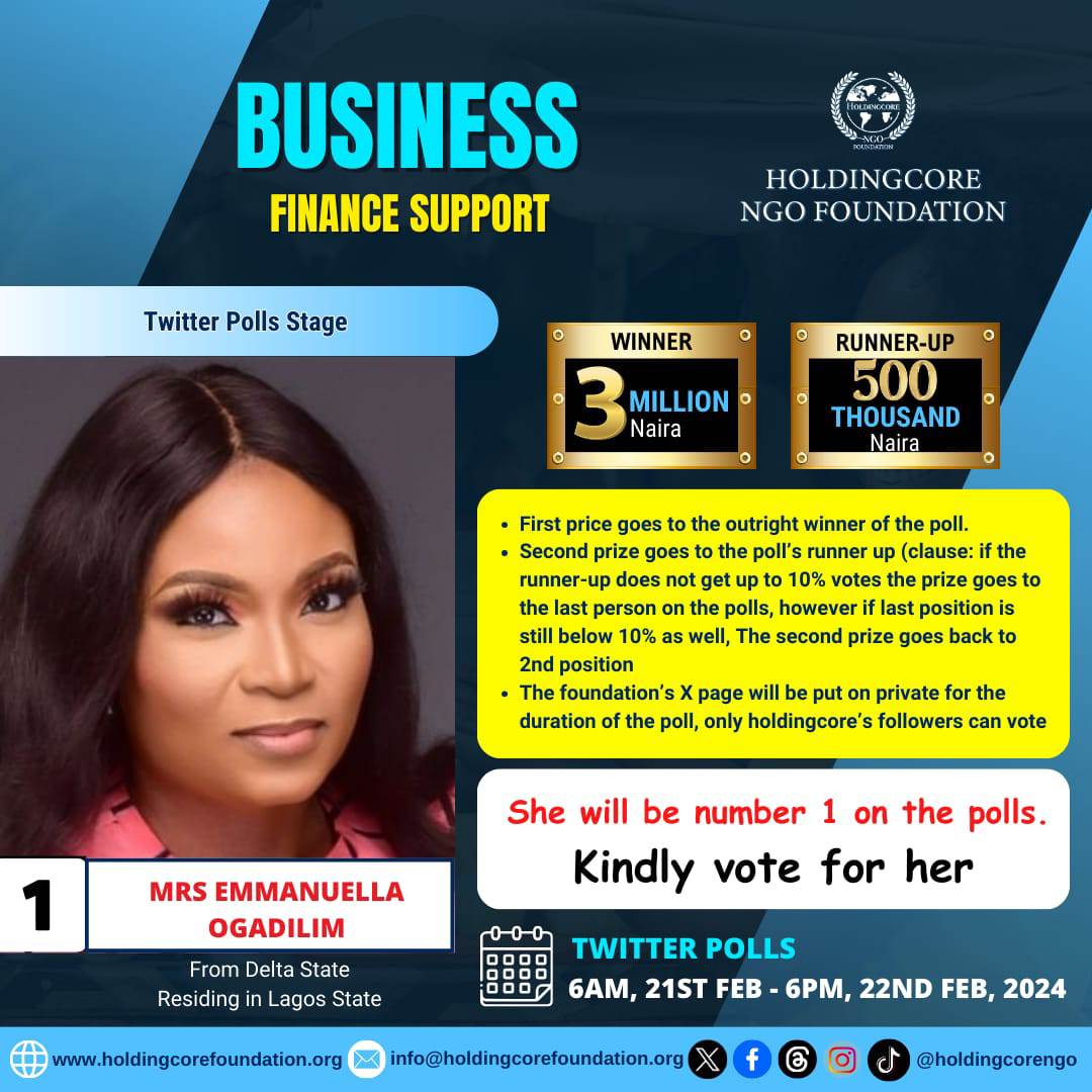 NaWaOoEnt1's tweet photo. Hello everyone

Your girl @Drealomalicha is contesting for a N3million grant by @Holdingcorengo to boost her business

Kindly follow them so as to be able to vote for her.
 Voting poll opens on Wednesday &amp; closes on Thursday; your vote will go along way 🙏🏻 https://t.co/MLLAzR0E4a