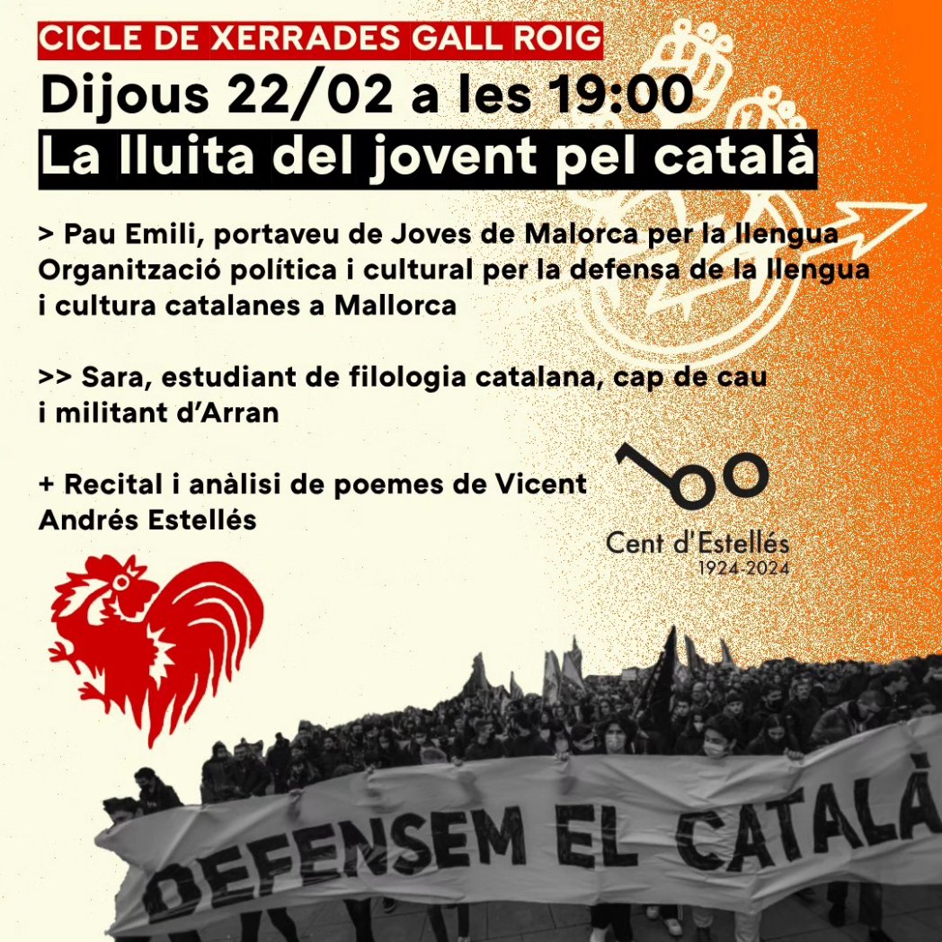 🐓🔴 DEMÀ ORGANITZEM LA 2NA XERRADA DEL CICLE AL <a href="/CPTresLliris/">CPTresLliris</a>  

quin és el paper de les joves en la lluita pel català? quin és el paper de la cultura popular en la lluita per la llengua? i de l'educació en el lleure? 

Amb <a href="/JovesLlengua/">Joves per la Llengua</a> i <a href="/Arran_jovent/">Arran</a> , al carrer Nil Fabra 17.