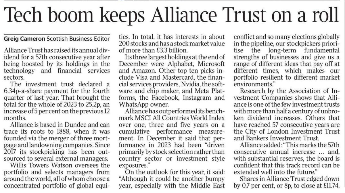 FinanceTiger's tweet image. Alliance Trust, alongside #SAIN and #BUT will go ex-dividend next week. #ATST has just increased its #dividend for its 57 consecutive year! #InvestmentTrust The Times 👇