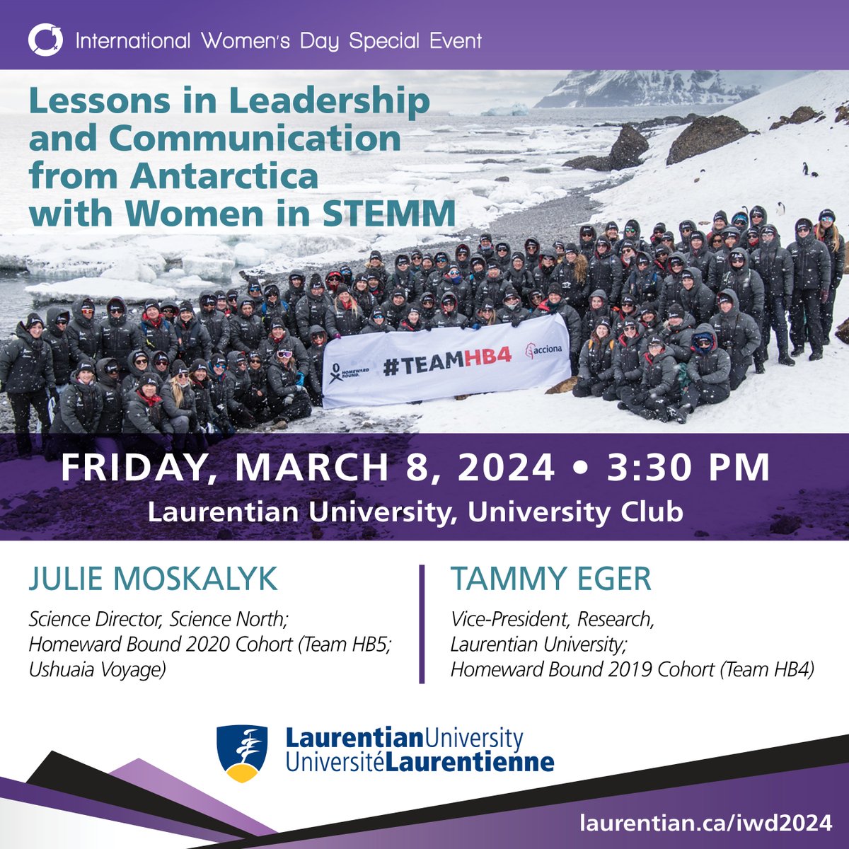 Join us on International Women’s Day to hear <a href="/LaurentianU/">Laurentian University - Université Laurentienne</a> VPR Tammy Eger <a href="/Eger24/">Tammy Eger, PhD</a>  and <a href="/ScienceNorth/">Science North & Dynamic Earth</a> Science Director Julie Moskalyk discuss their experiences as <a href="/HomewardBound16/">Homeward Bound</a> participants! 
Entry is free and there will be snacks. #IWD2024 #womeninSTEMM