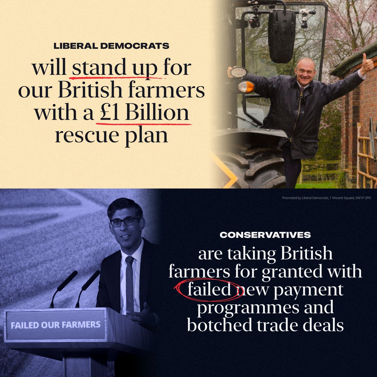 ✅ Raise the farming budget by £1bn ✅ Allow farmers, fishers and food processors to recruit the workers they need. ✅ Reopen and fix failed overseas trade deals. Only the Liberal Democrats have a plan to back British farmers.