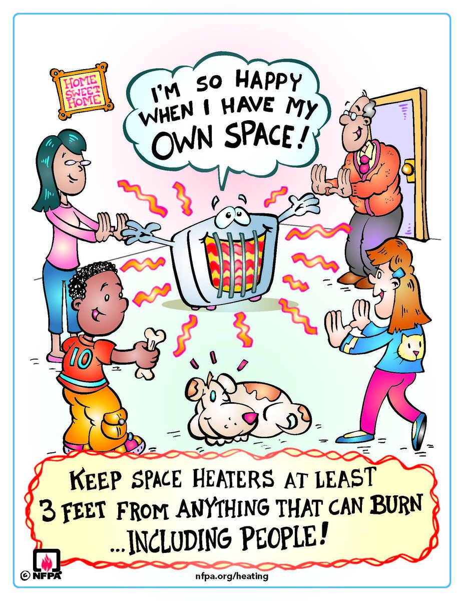 Space heaters can be effective tools for heating a small space in the winter. But you must use them with care and caution. Keep anything that can burn at least 3ft from heating equipment. For more heating safety: nfpa.social/9Mkc50QGhmh #HeatingFireSafety  #3FeetAway