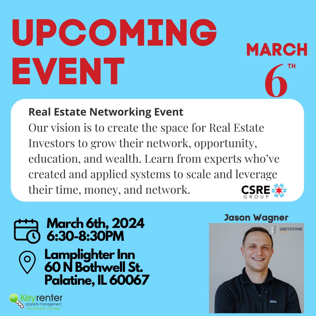 2 Weeks till our #realestate #networkingevent #collab with Chicago Suburban Real Estate Group @ Lamplighter Inn Tavern & Grille, #Palatine!

Get your FREE tickets on #Eventbrite: t.ly/-fIMn

#KeyrenterNorthwestChicago #propertymanagement #hoffmanestates @KeyrenterNWC