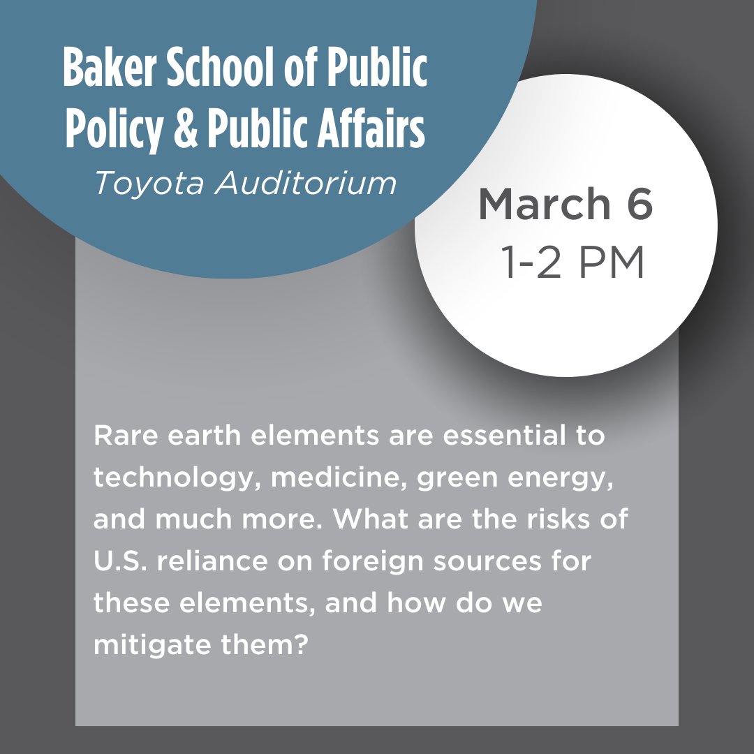 Join us <a href="/NSFAutk/">Center for National Security & Foreign Affairs</a> for a talk on Mar 6, 1-2 pm ET on Rare Earth Elements and U.S. Dependence on Foreign Sources by Dr. Deborah Penchoff from UTK Department of Nuclear Engineering at the Baker School Toyota Auditorium or live webcast at tiny.utk.edu/Penchoff_lectu…