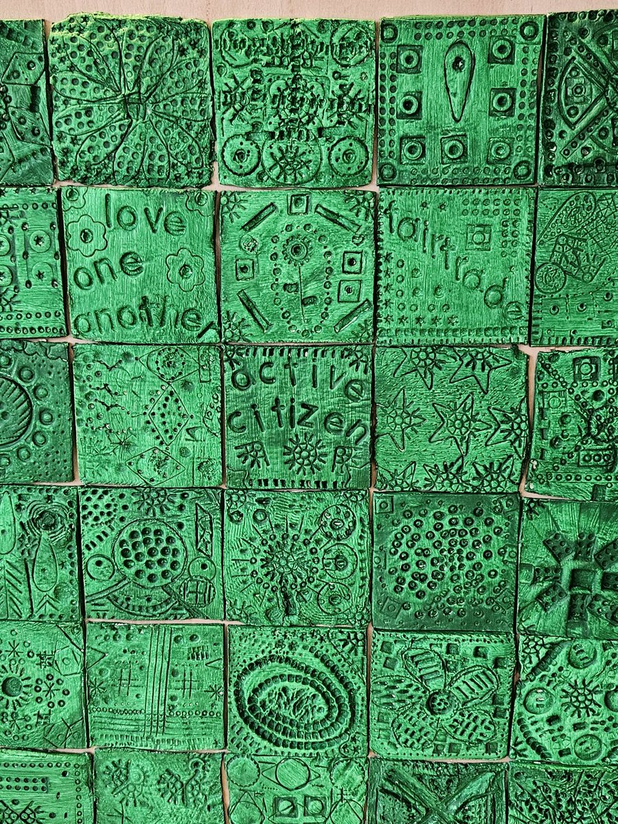 Y2 clay tiles in St Peter's Green @Artsmarkaward @FairtradeUKEd #values #community #wellbeing #loveoneanother #EDI