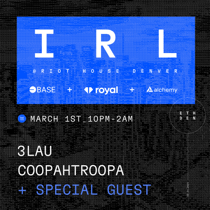 base's tweet photo. We're bringing @3LAU to Denver

@base x @join_royal x @AlchemyPlatform are hosting a night of music during ETHDenver with sets by @3LAU, @Cooopahtroopa, and others

RSVP to join the party: https://t.co/pzP5Ugtn5Q https://t.co/h2qPWMbMpw