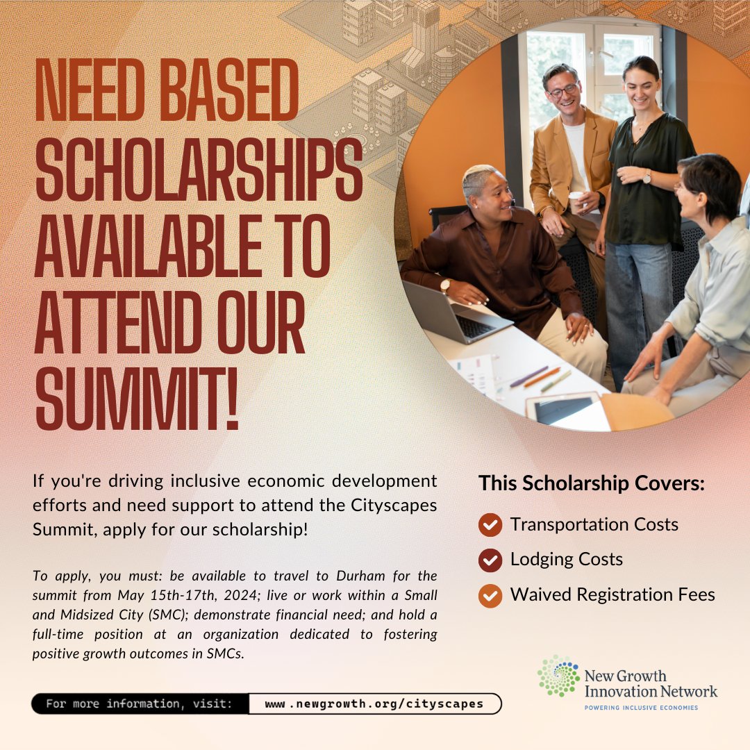 📚💰 We're committed to #equity, so NGIN is offering #scholarships for 40 economic and community developers to attend the Cityscapes #Summit in Durham, NC, free of charge! Waived fees, travel, and lodging covered. Apply by 🗓️ March 3rd 11:59 PM: docs.google.com/forms/d/e/1FAI…