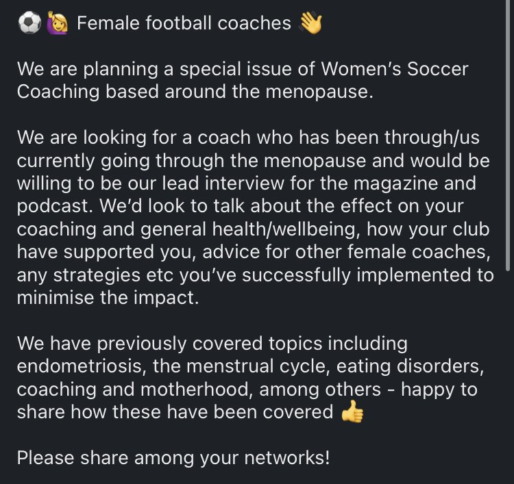 ⚽️ Female coaches ⚽️

<a href="/StephFairbairn/">Steph Fairbairn</a> <a href="/carriesparkle/">Carrie Dunn</a> <a href="/SoccerCoaching/">Women's Soccer Coaching</a>