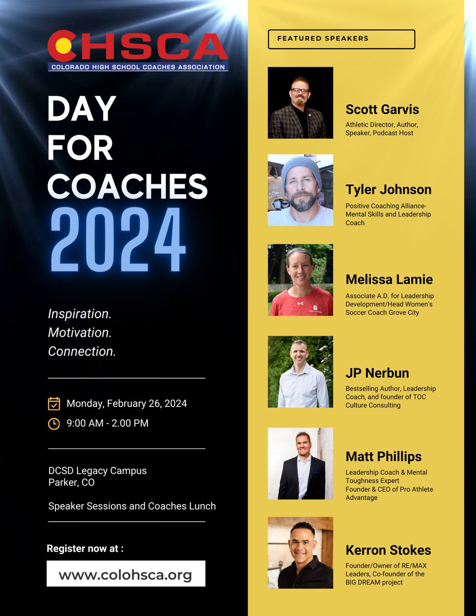 The best coaches KEEP LEARNING and are constantly growing.   Still time to register for NEXT MONDAY'S DAY FOR COACHES.  Check out the awesome lineup!  register today colohsca.org  <a href="/CHSAANow/">CHSAANow</a> <a href="/CADAColorado/">CADA</a> <a href="/dcsdk12/">Douglas County School District</a> <a href="/CCSDK12/">Cherry Creek Schools</a> <a href="/JeffcoAthletics/">Jeffco Athletics</a> <a href="/SVVSD/">St. Vrain Valley Schools</a> <a href="/aurorak12/">Aurora Public Schools</a> <a href="/LPSK12/">Littleton Public Schools</a>