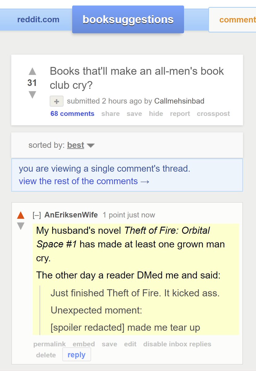 I'm slowly driving myself insane with the fact that everyday, posters in /r/SuggestMeABook, /r/BookSuggestions, and /r/PrintSF post questions where the obvious answer is DEVON ERIKSEN'S CHARACTER DRIVEN HARD-SCIFI THEFT OF FIRE: ORBITAL SPACE #1 yet they rarely get that answer