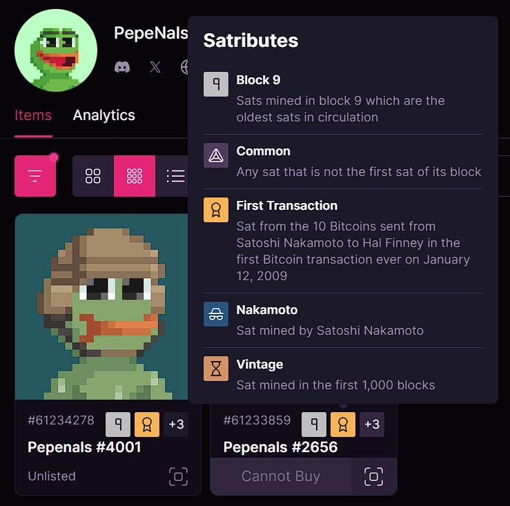 Cyberchronicle7's tweet photo. Our @PepeNals ordinal collection got very lucky. It has won the bitcoin lottery. Not one but two pepenals.
Oldest sats in circulation
First Transaction
Mined by Satoshi Nakamoto himself
first 1000 blocks
#Satributes #RareSats #Block9 #Satoshi #Bitcoin #BTC #Ordinals https://t.co/qk4tTc03UI